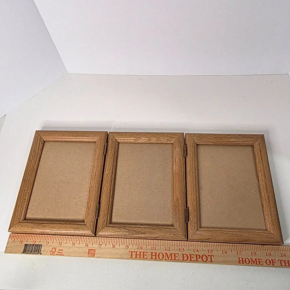 Vintage Triple Hinged Wood Picture Frame Folding 3 Photo Tabletop Display